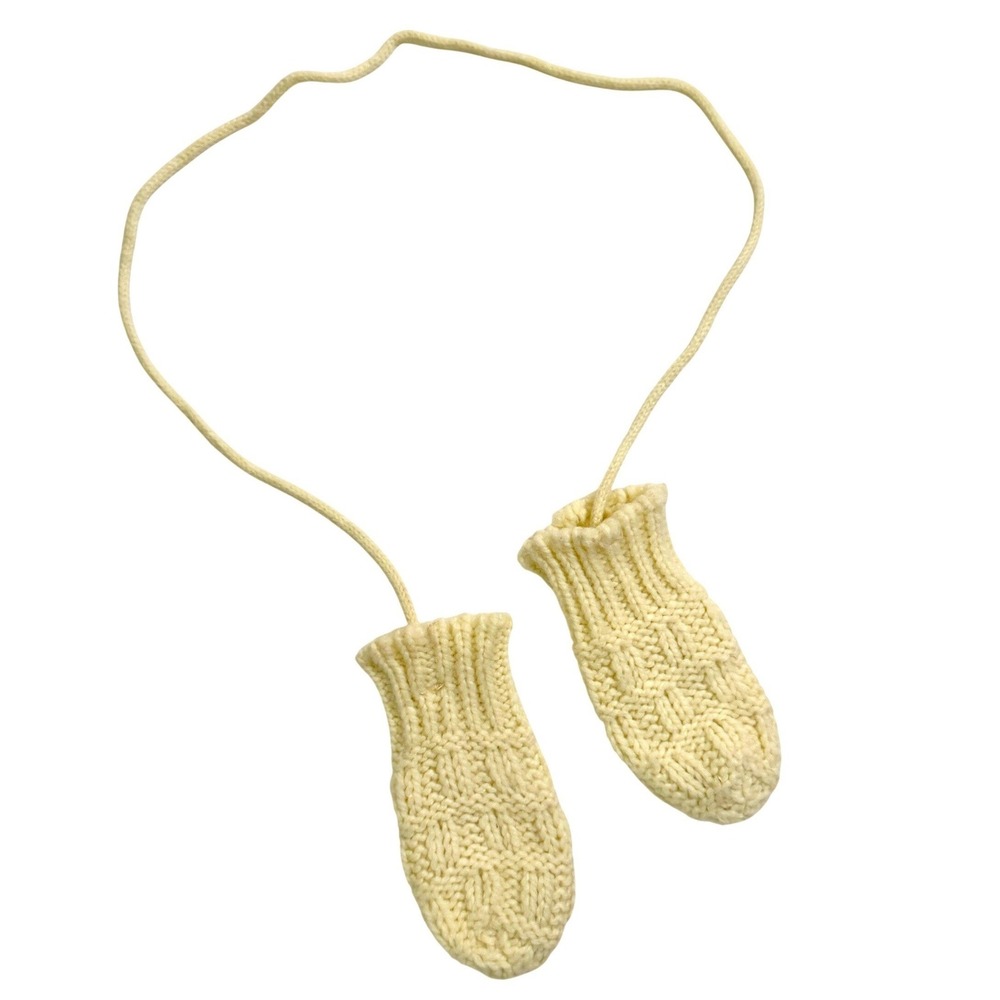 Vintage Knit Connected Mittens Infant Yellow Basketweave String Baby Gloves